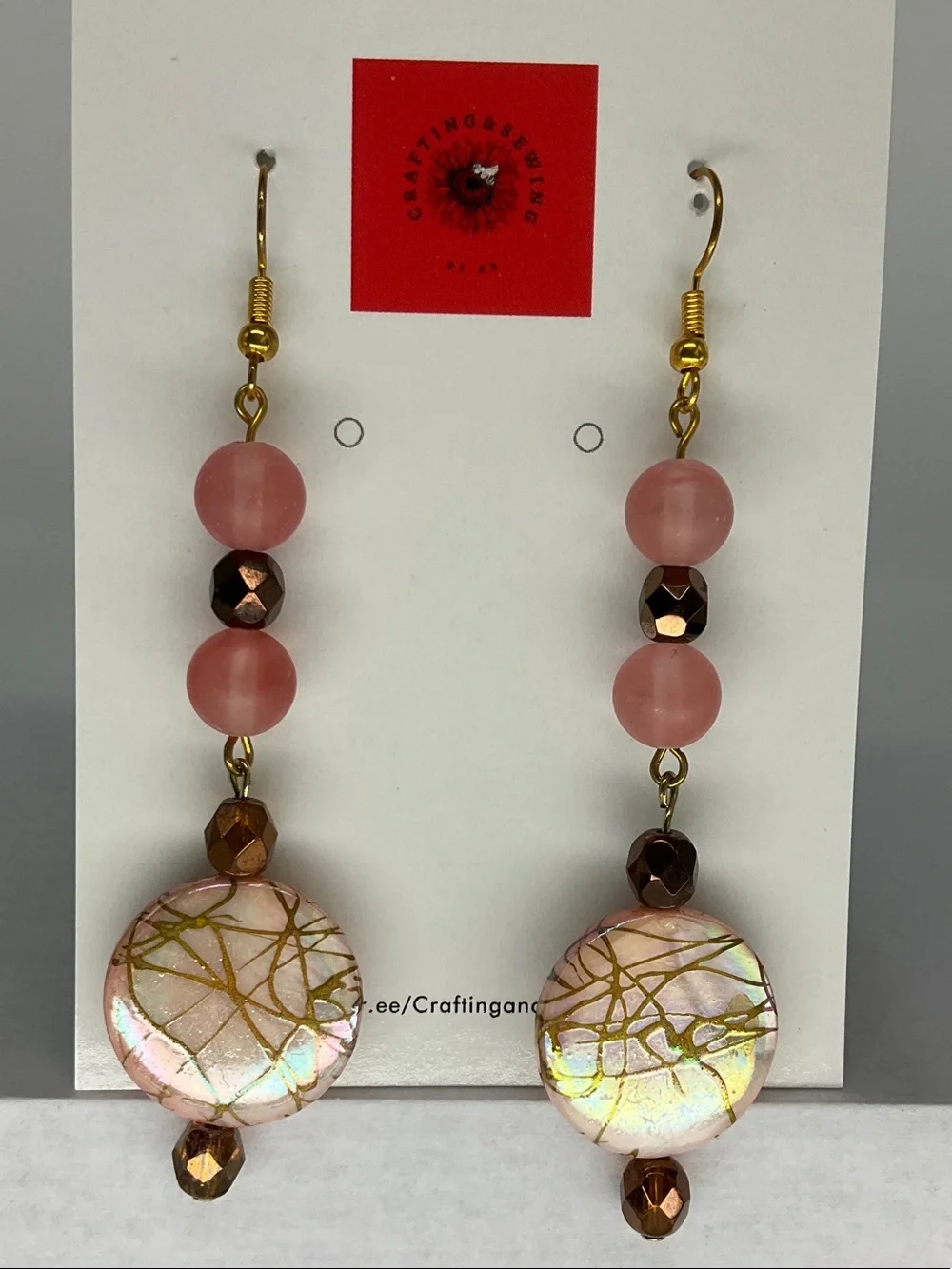 Gold-Accent Pink Glass Drop Earrings — Dainty Dangle Style